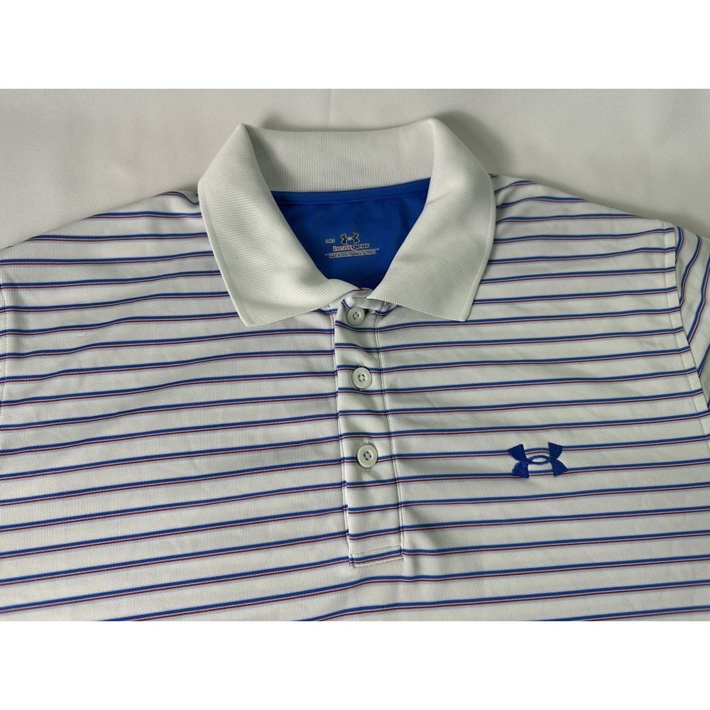 Under Armour Heat Gear White Polo Shirt Blue Red Stripes Size Medium